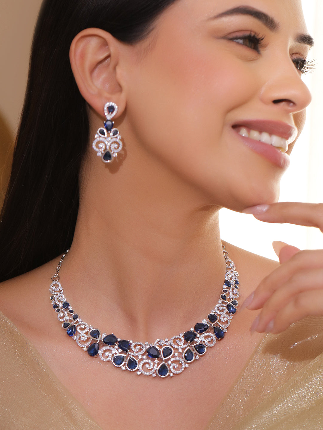 Blue American Diamond Zirconia Swirl Necklace Set