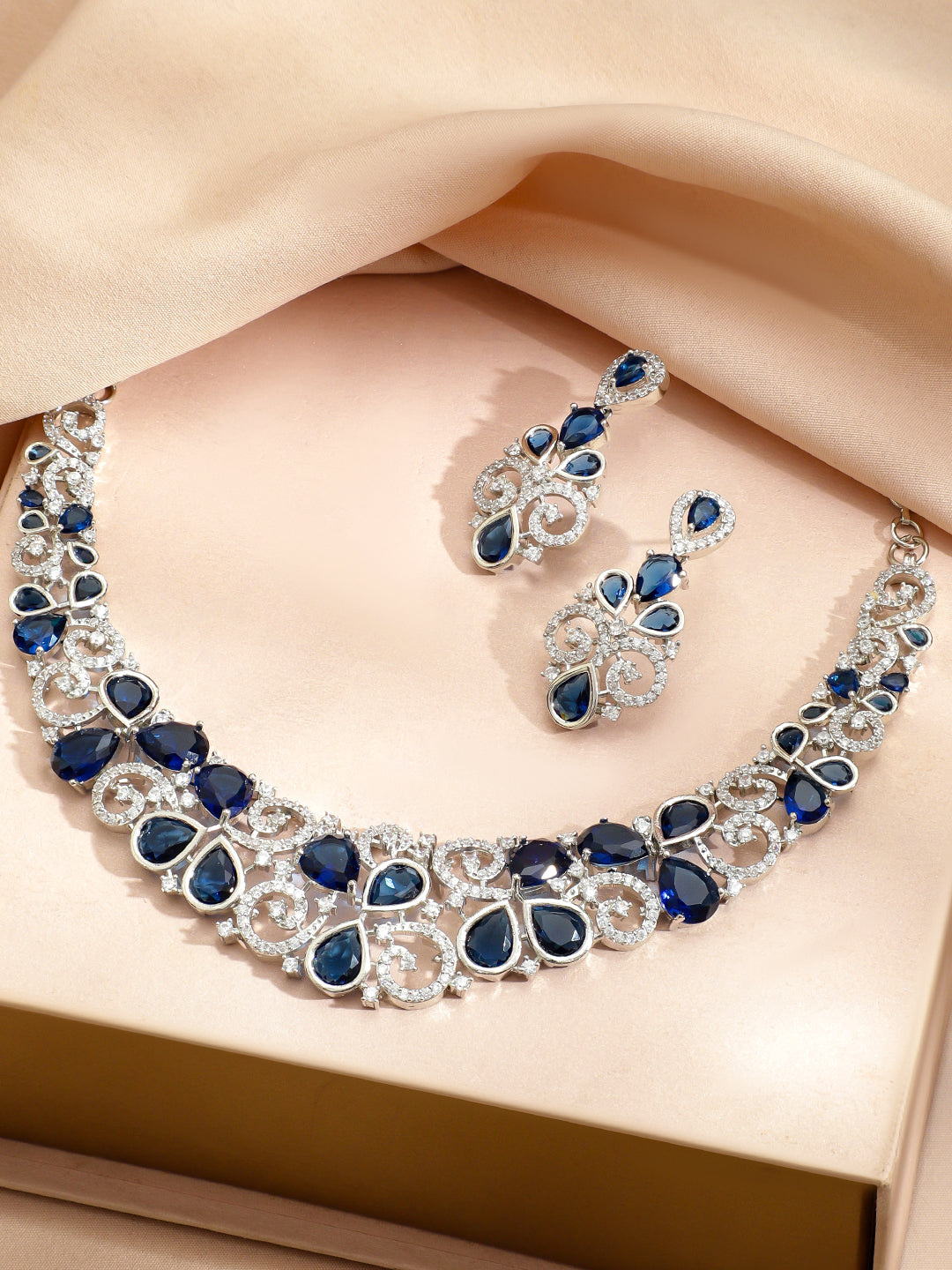 Blue American Diamond Zirconia Swirl Necklace Set