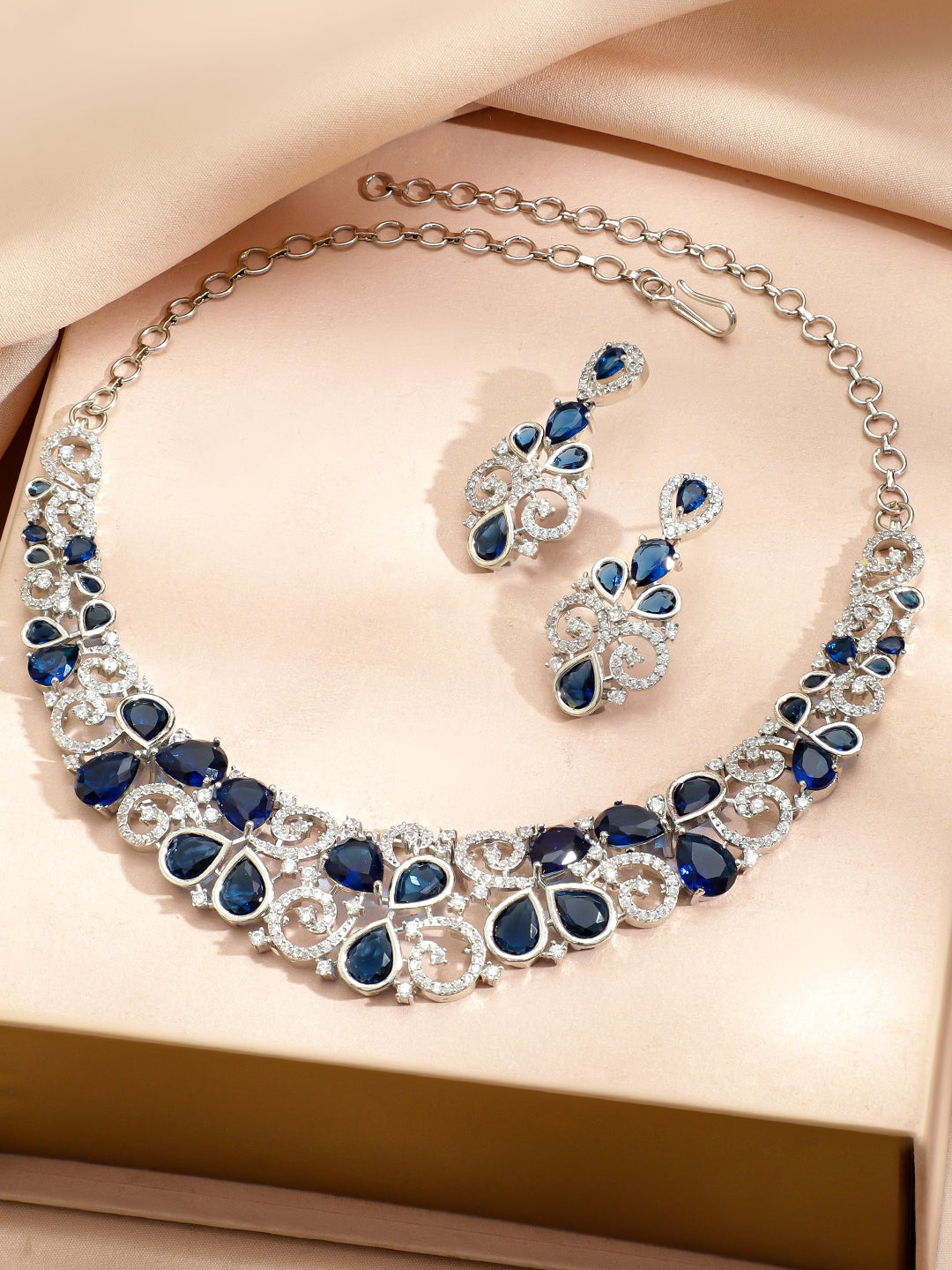 Blue American Diamond Zirconia Swirl Necklace Set