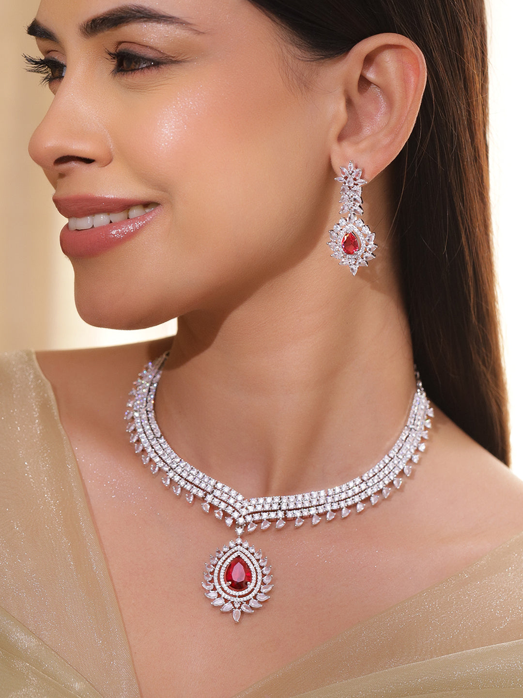 Ruby Studded Crystal Necklace Set