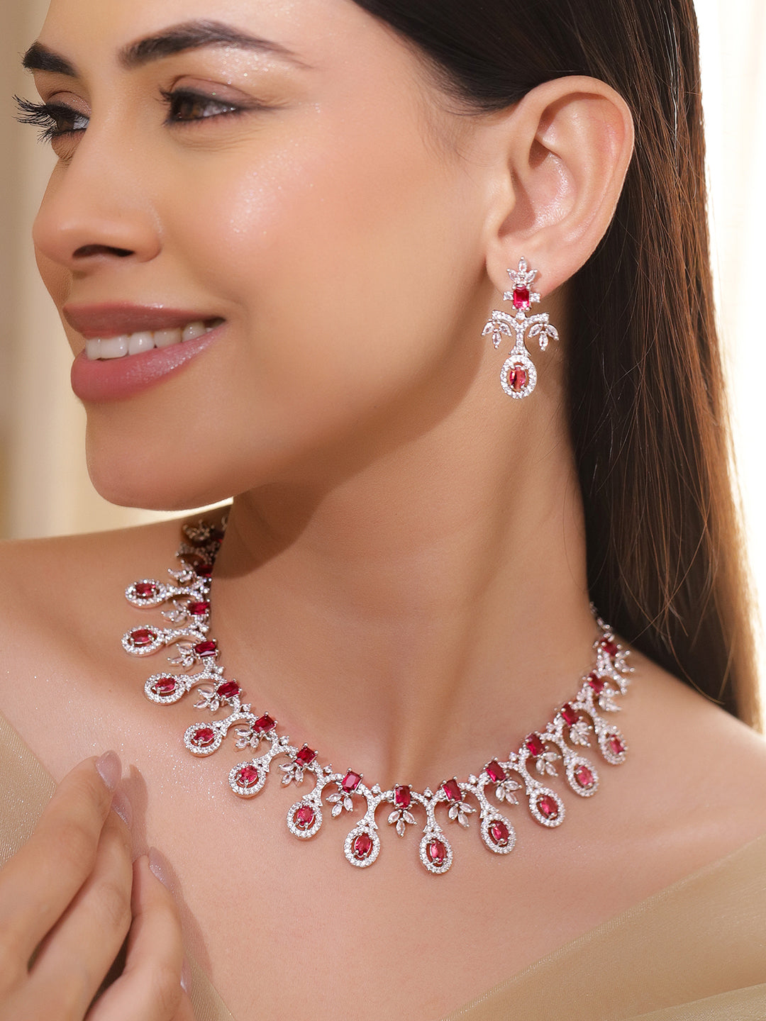 American Diamond Zirconia Pink Necklace Set