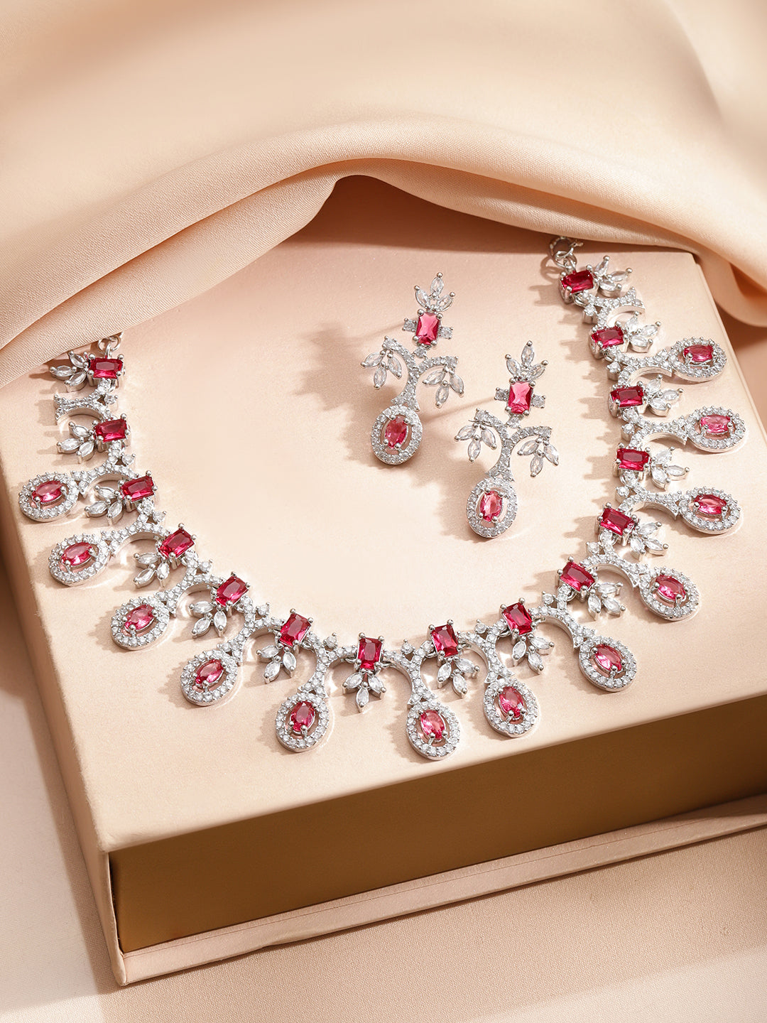 American Diamond Zirconia Pink Necklace Set