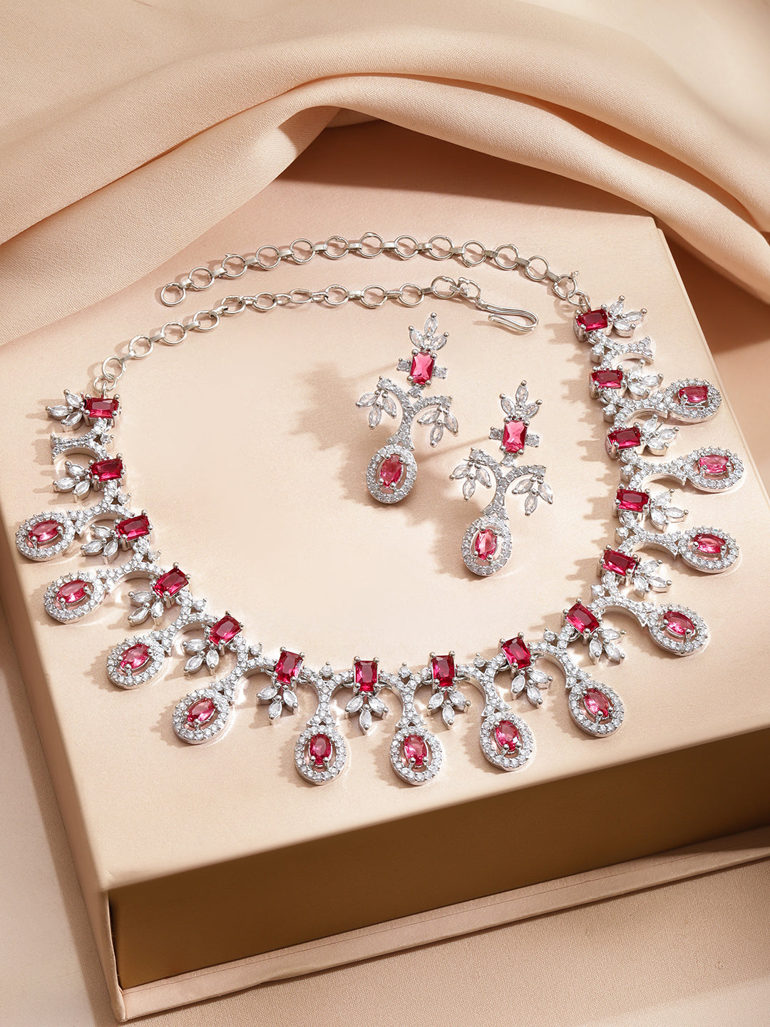 American Diamond Zirconia Pink Necklace Set