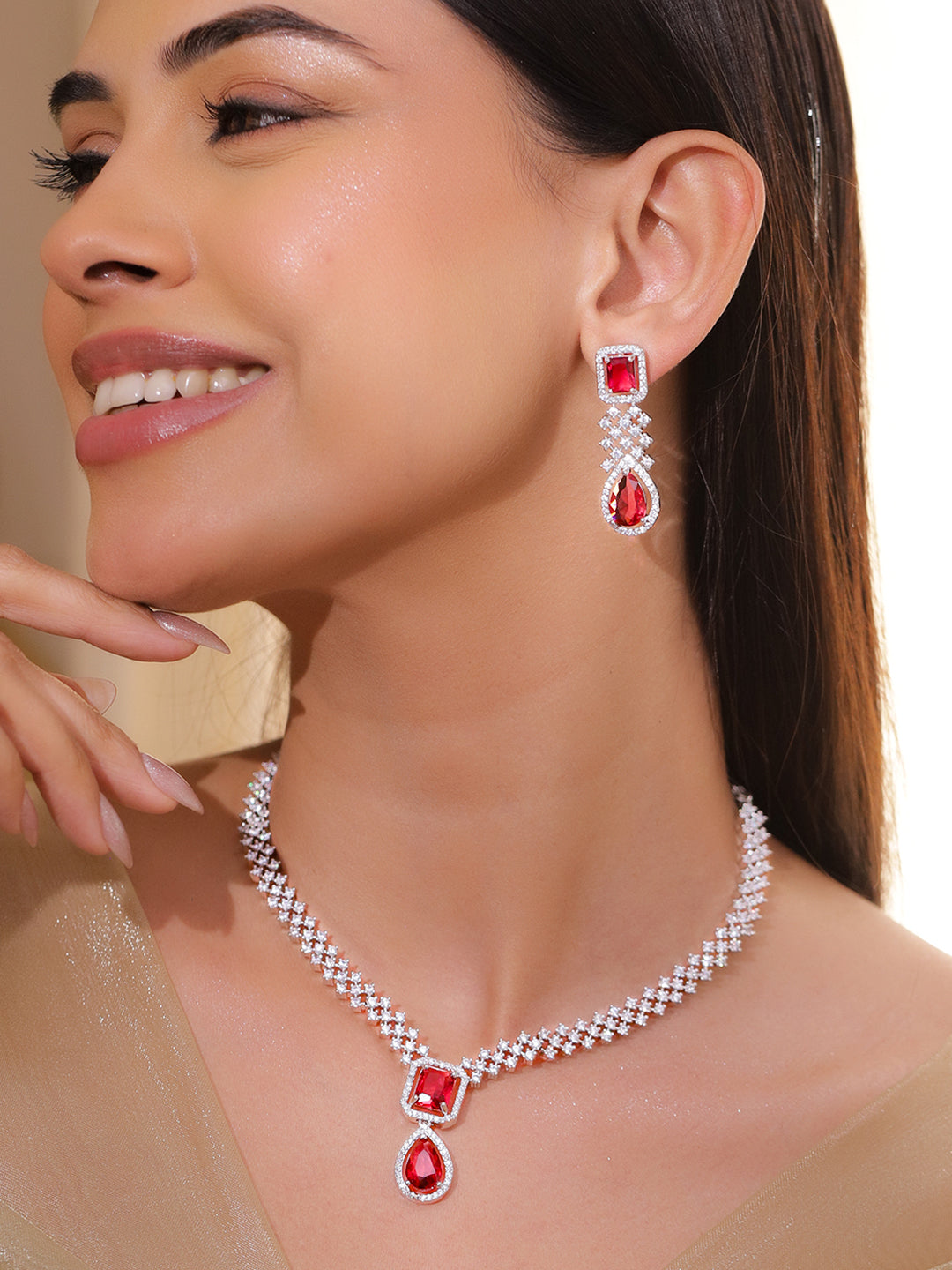 American Diamond Zirconia Ruby Accented Necklace Set