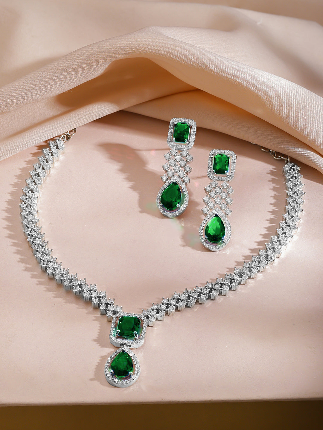 American Diamond Zirconia Green Drop Necklace Set