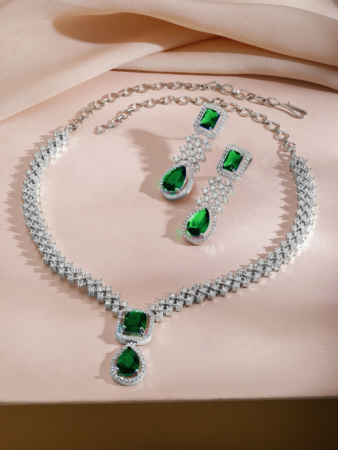 American Diamond Zirconia Green Drop Necklace Set