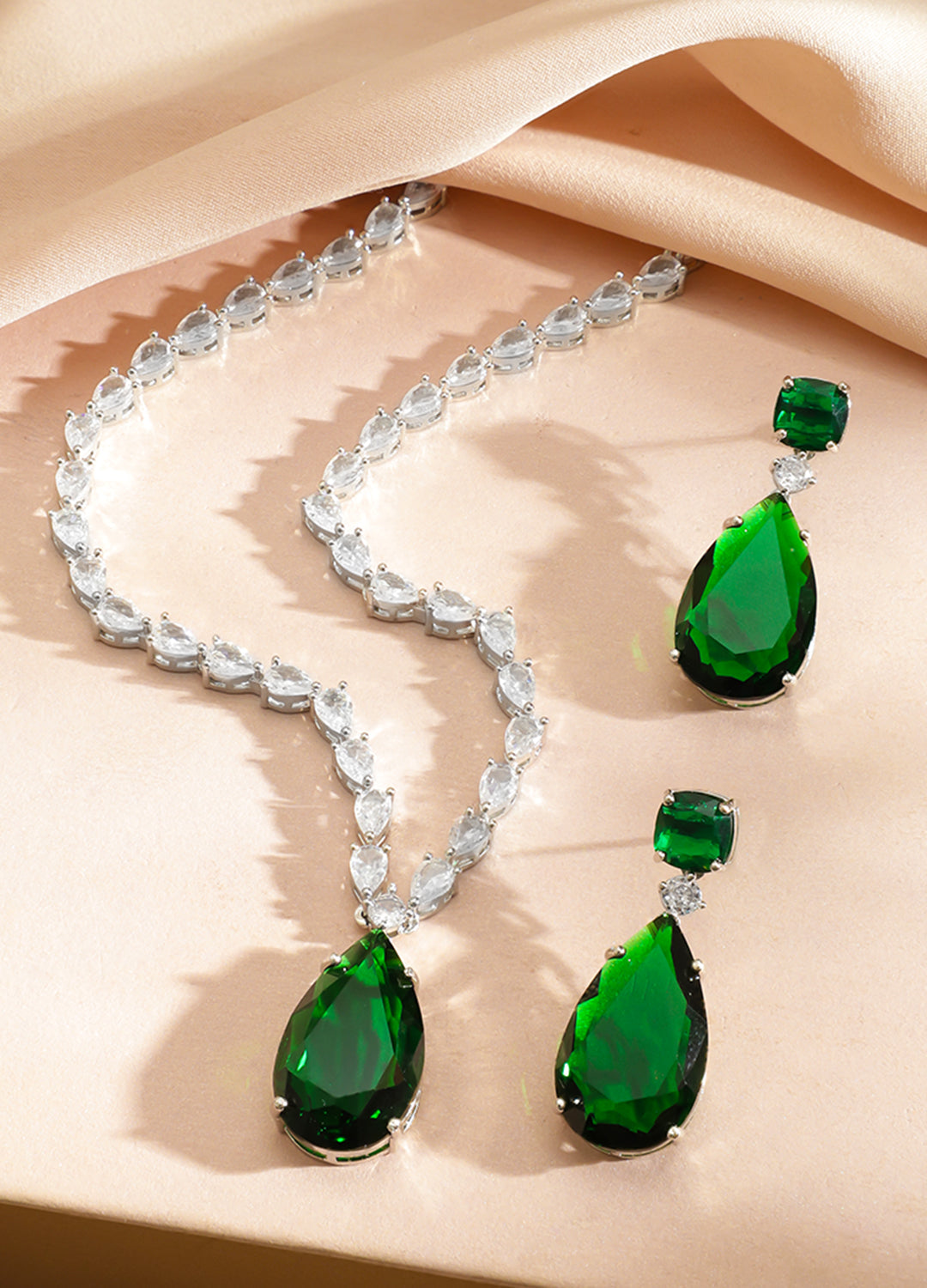 American Diamond Zirconia Emerald Drop Necklace Set