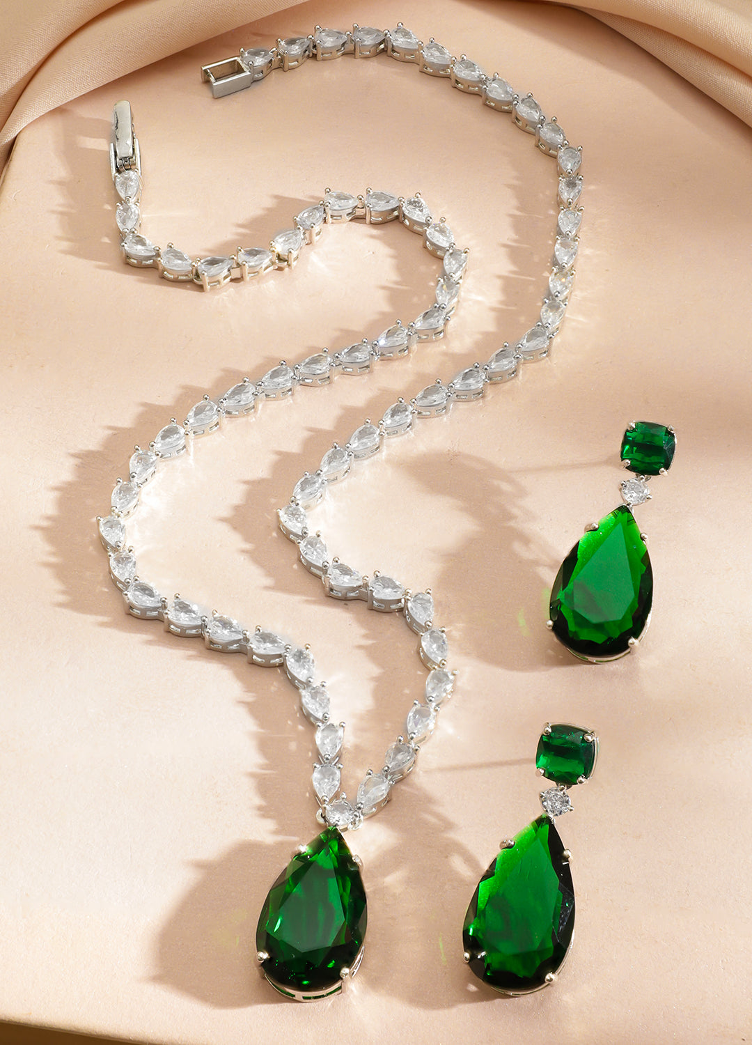 American Diamond Zirconia Emerald Drop Necklace Set