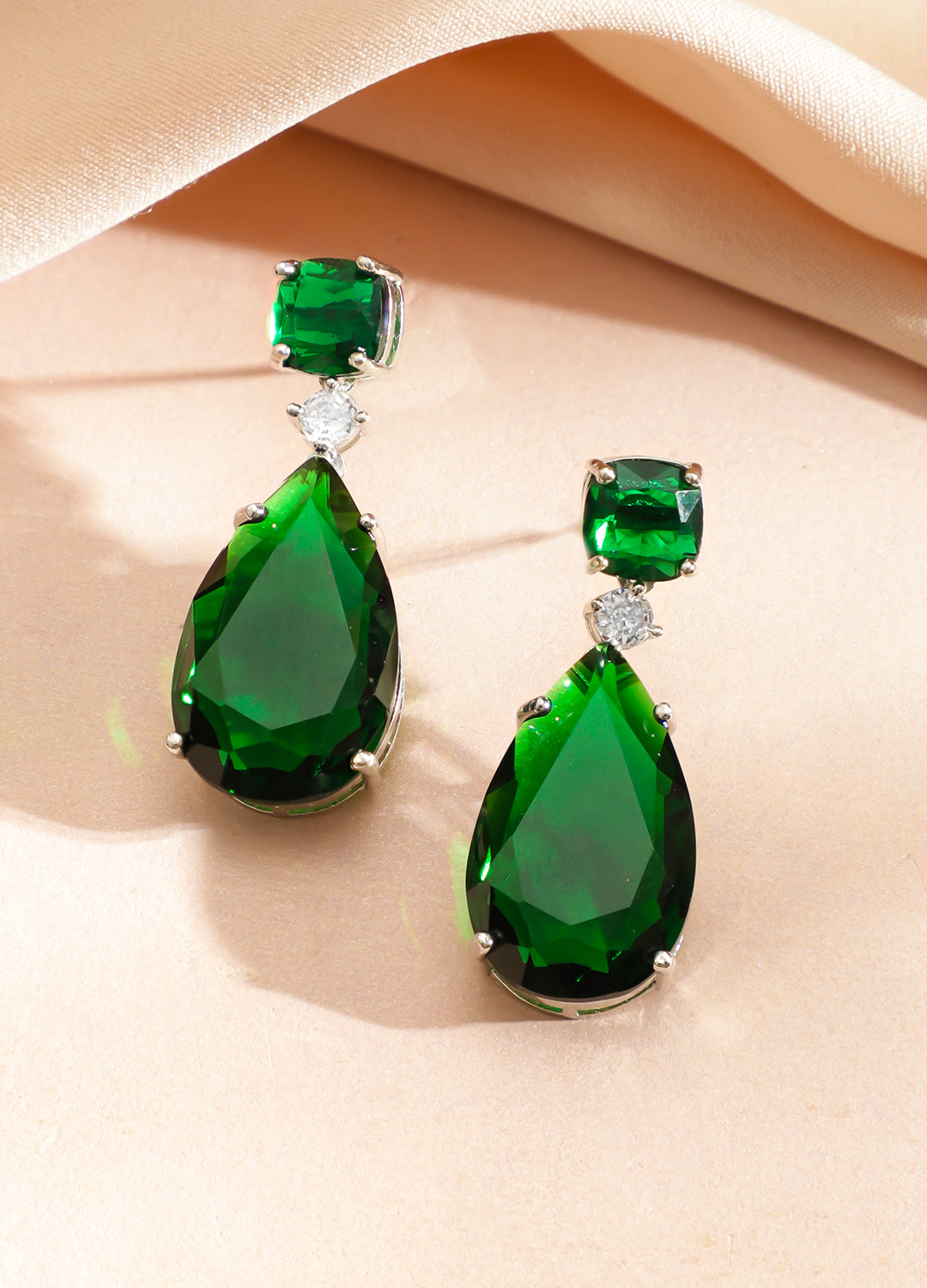 American Diamond Zirconia Emerald Drop Necklace Set