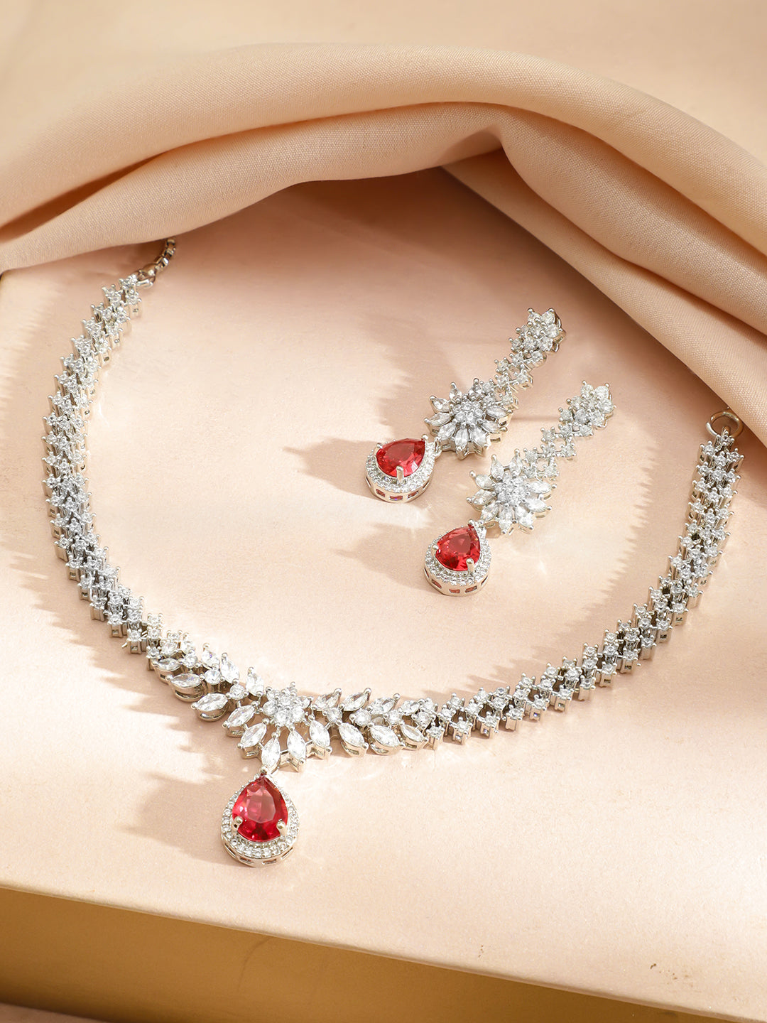 Red Teardrop American Diamond Zirconia Necklace Set
