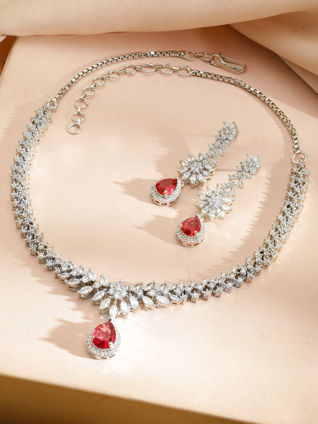 Red Teardrop American Diamond Zirconia Necklace Set