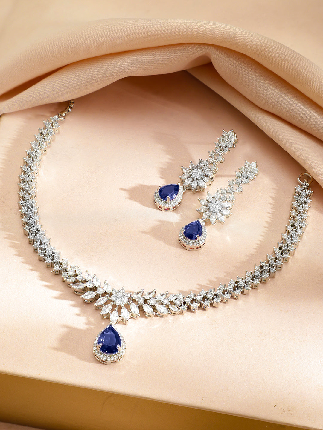 American Diamond Zirconia Necklace Set With Blue Sapphire