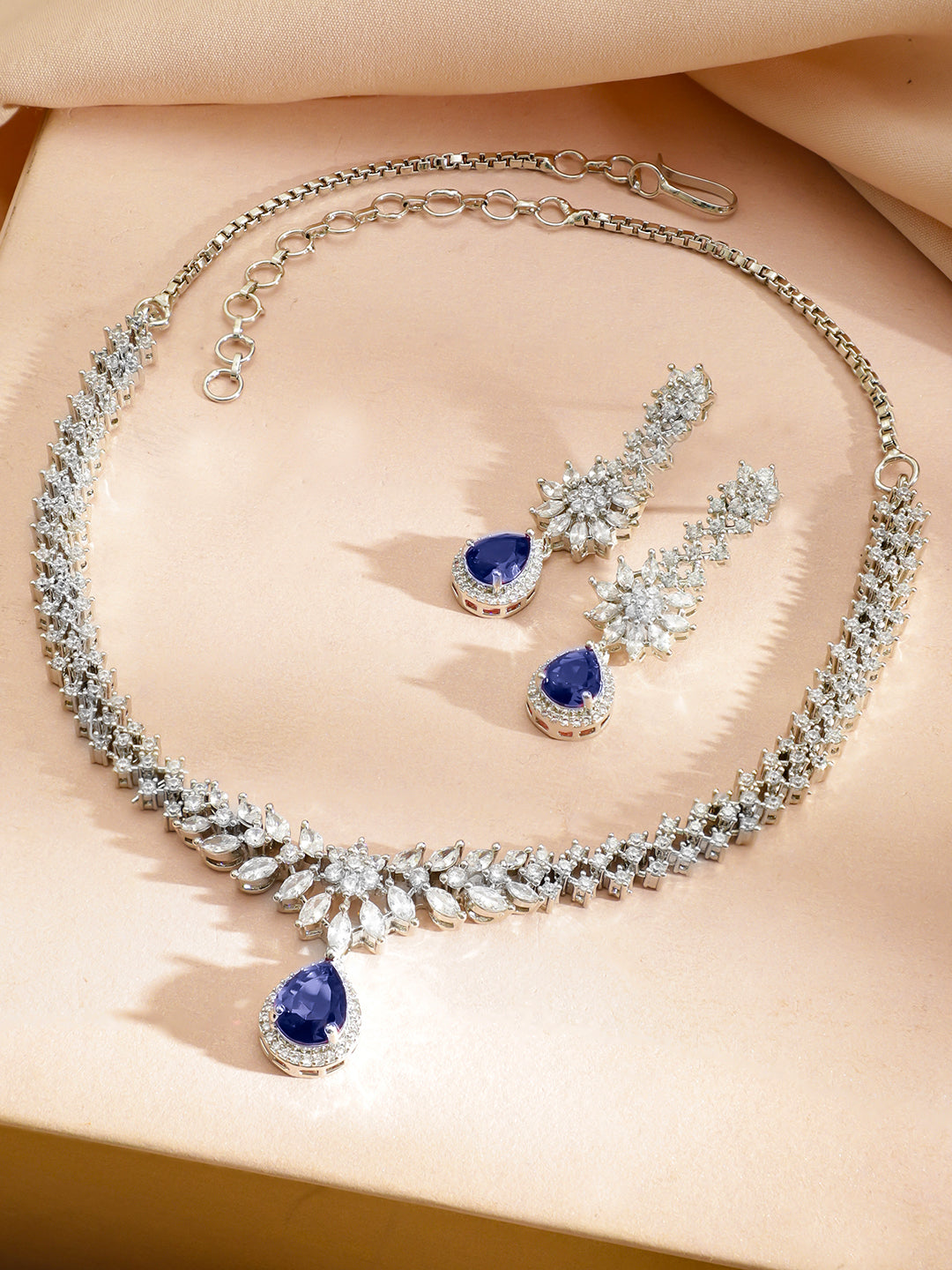 American Diamond Zirconia Necklace Set With Blue Sapphire