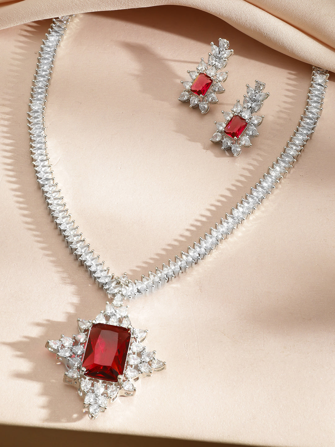 American Diamond Zirconia Red Cubic Necklace Set