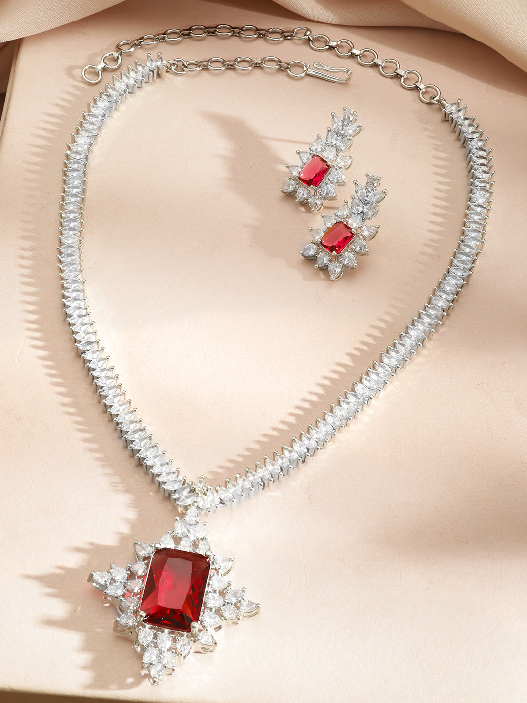 American Diamond Zirconia Red Cubic Necklace Set