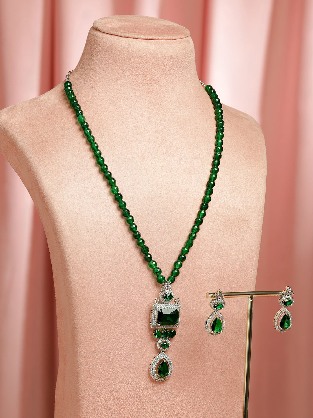 Emerald American Diamond Zirconia Green Beaded Necklace Set