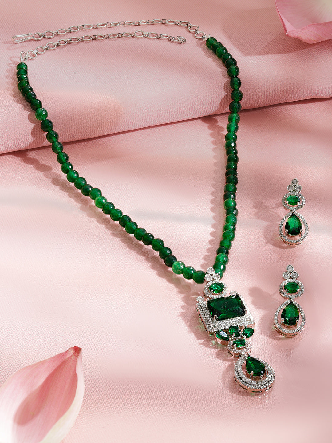 Emerald American Diamond Zirconia Green Beaded Necklace Set