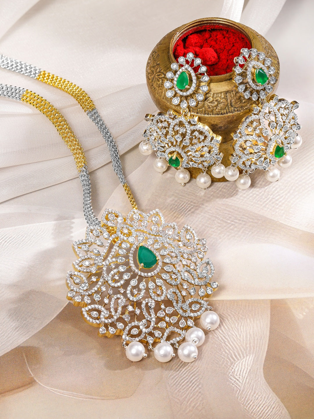 Dual-Toned American Diamond Zirconia Pearl Necklace Set