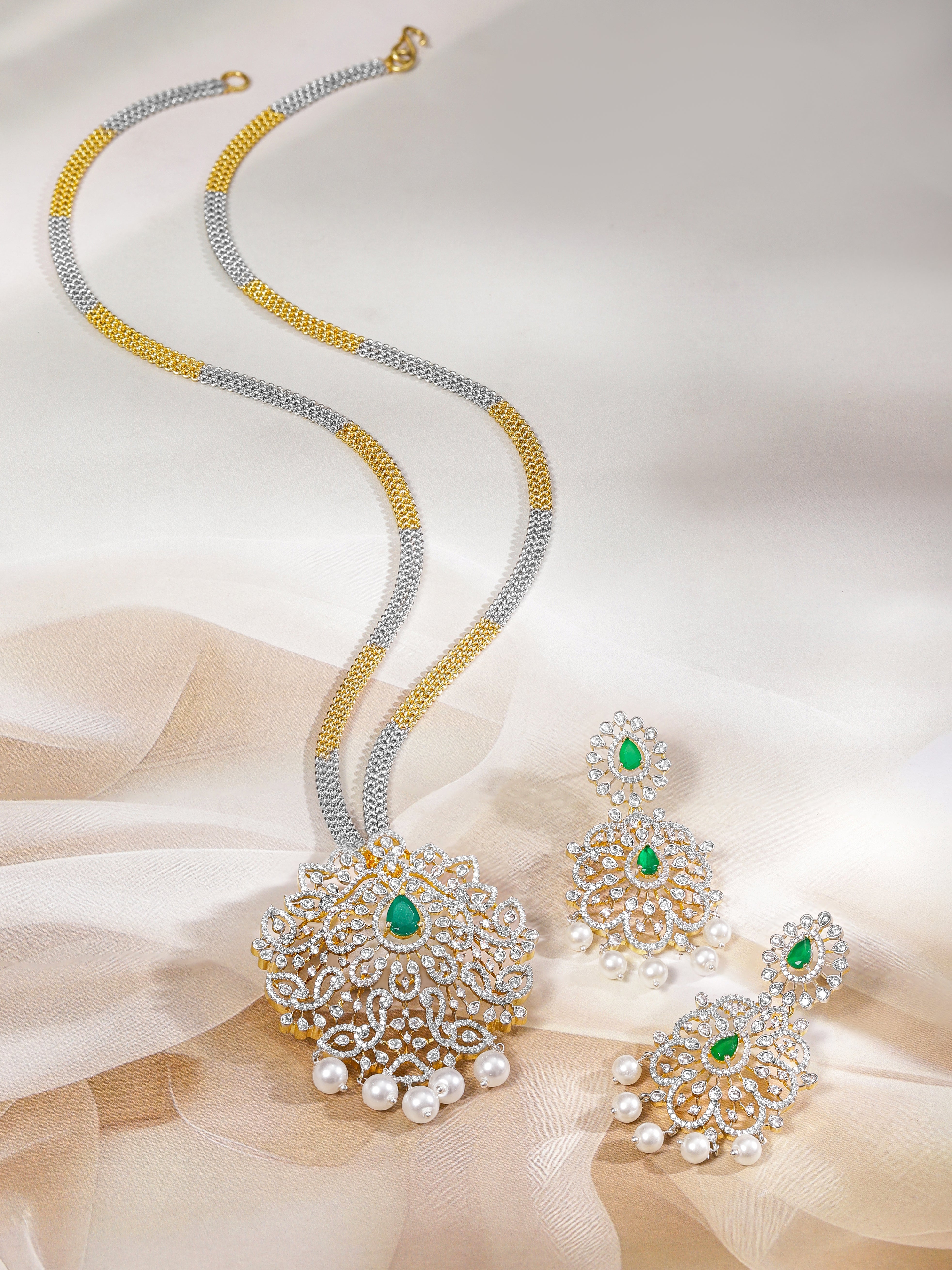 Dual-Toned American Diamond Zirconia Pearl Necklace Set