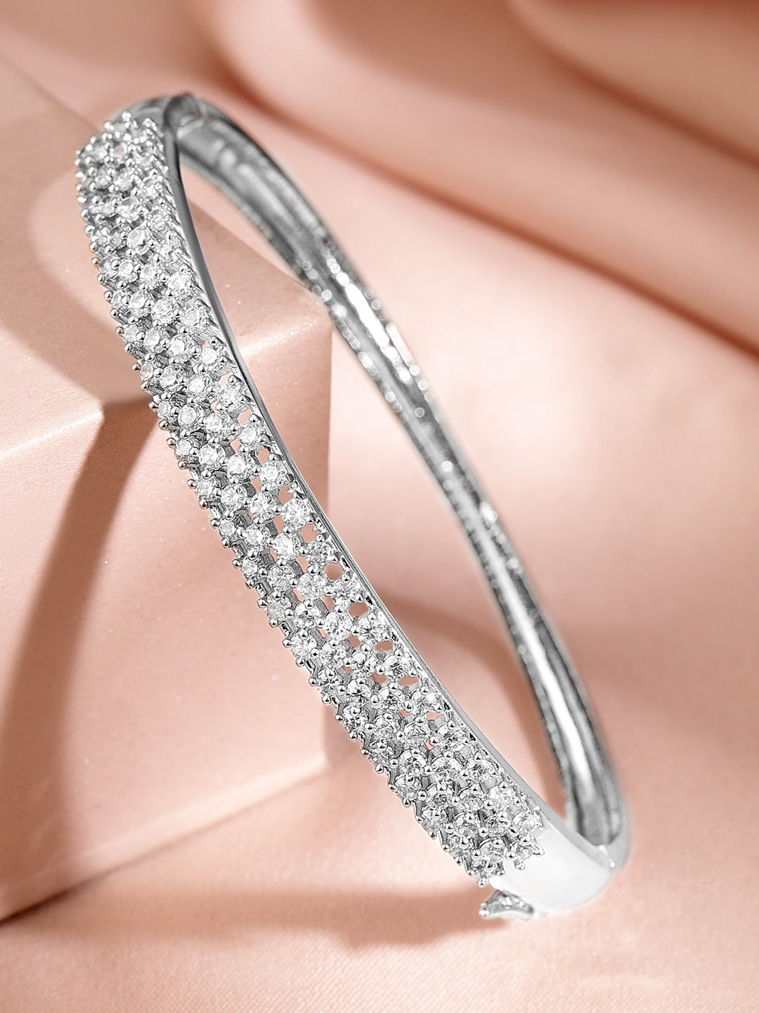 Wentra Women Brass Cubic Zirconia Handcrafted Rhodium-Plated Bangle-Style Bracelet