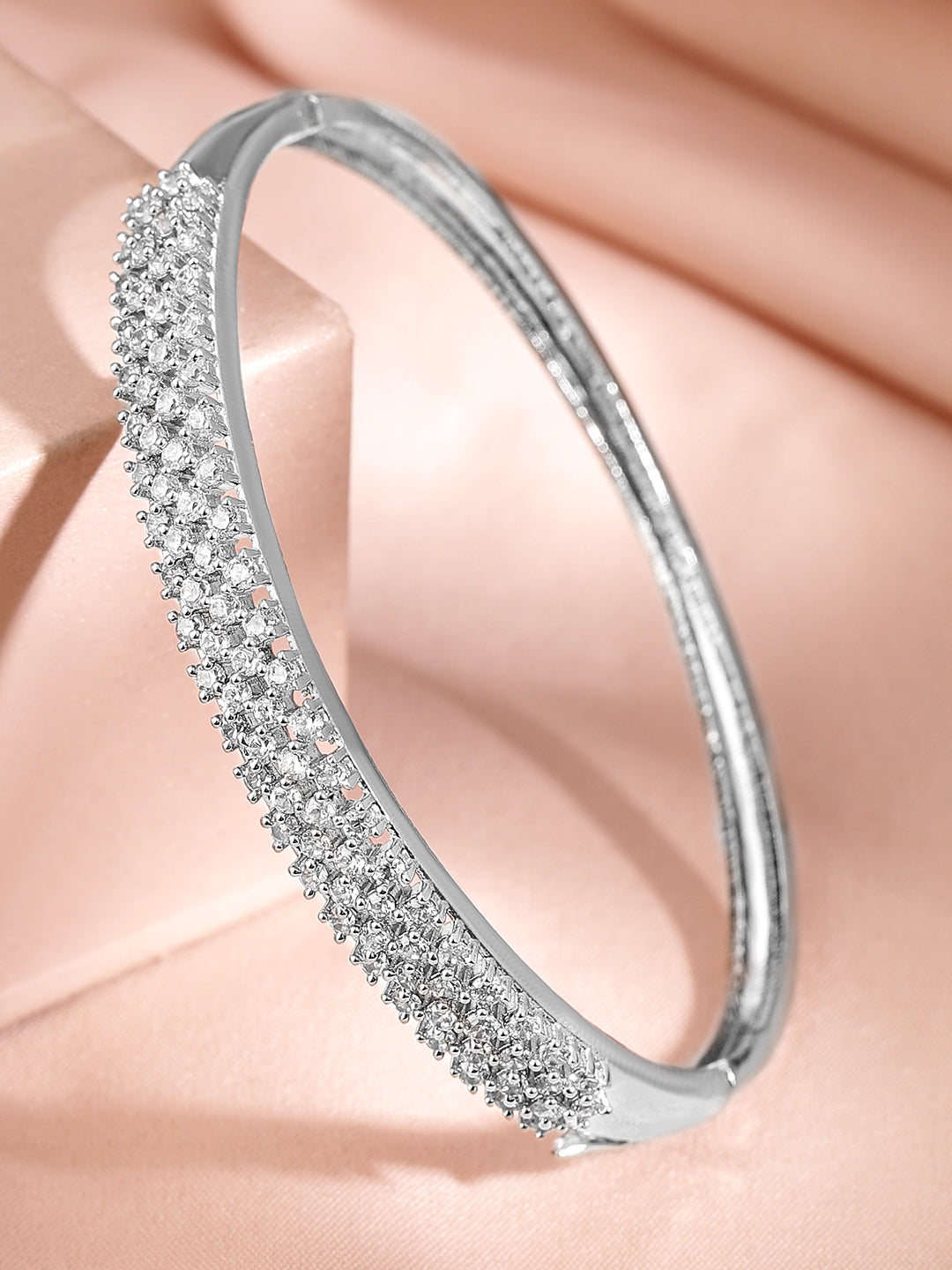 Wentra Women Brass Cubic Zirconia Handcrafted Rhodium-Plated Bangle-Style Bracelet