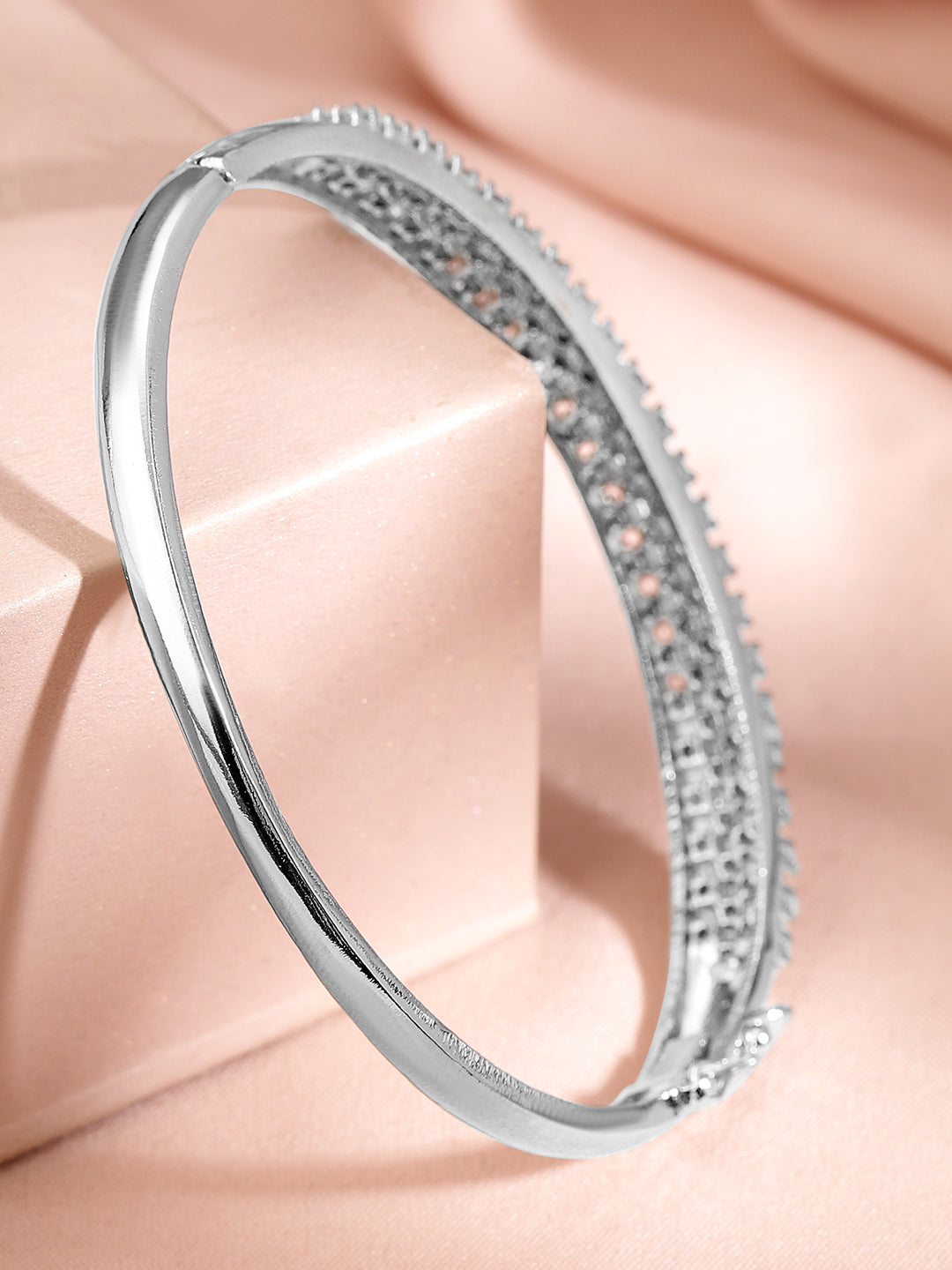 Wentra Women Brass Cubic Zirconia Handcrafted Rhodium-Plated Bangle-Style Bracelet