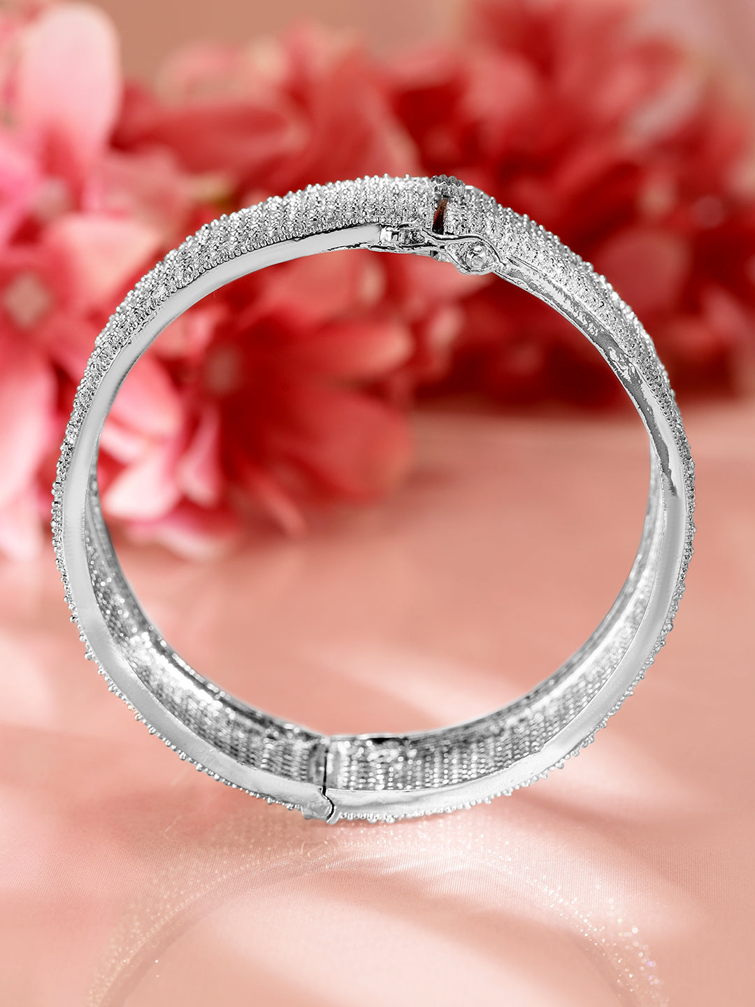 Wentra Rhodium-Plated AAA Cubic Zirconia Studded Premium Openable Bangle Bracelet