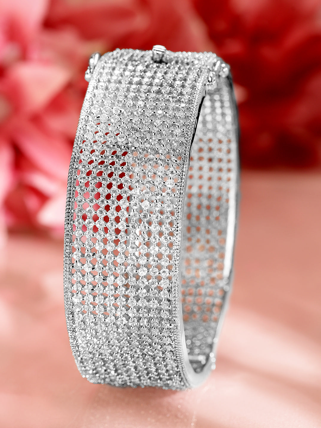 Wentra Rhodium-Plated AAA Cubic Zirconia Studded Premium Openable Bangle Bracelet
