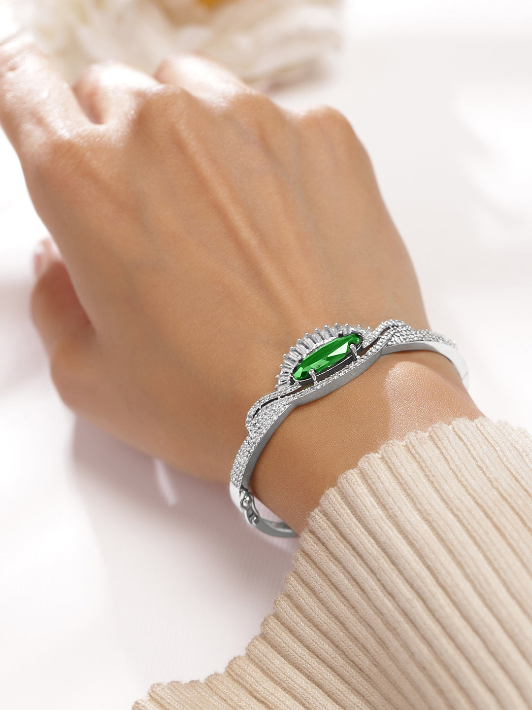 Wentra Rhodium-Plated Emerald Green & White Cubic Zirconia Studded Designer Bracelet