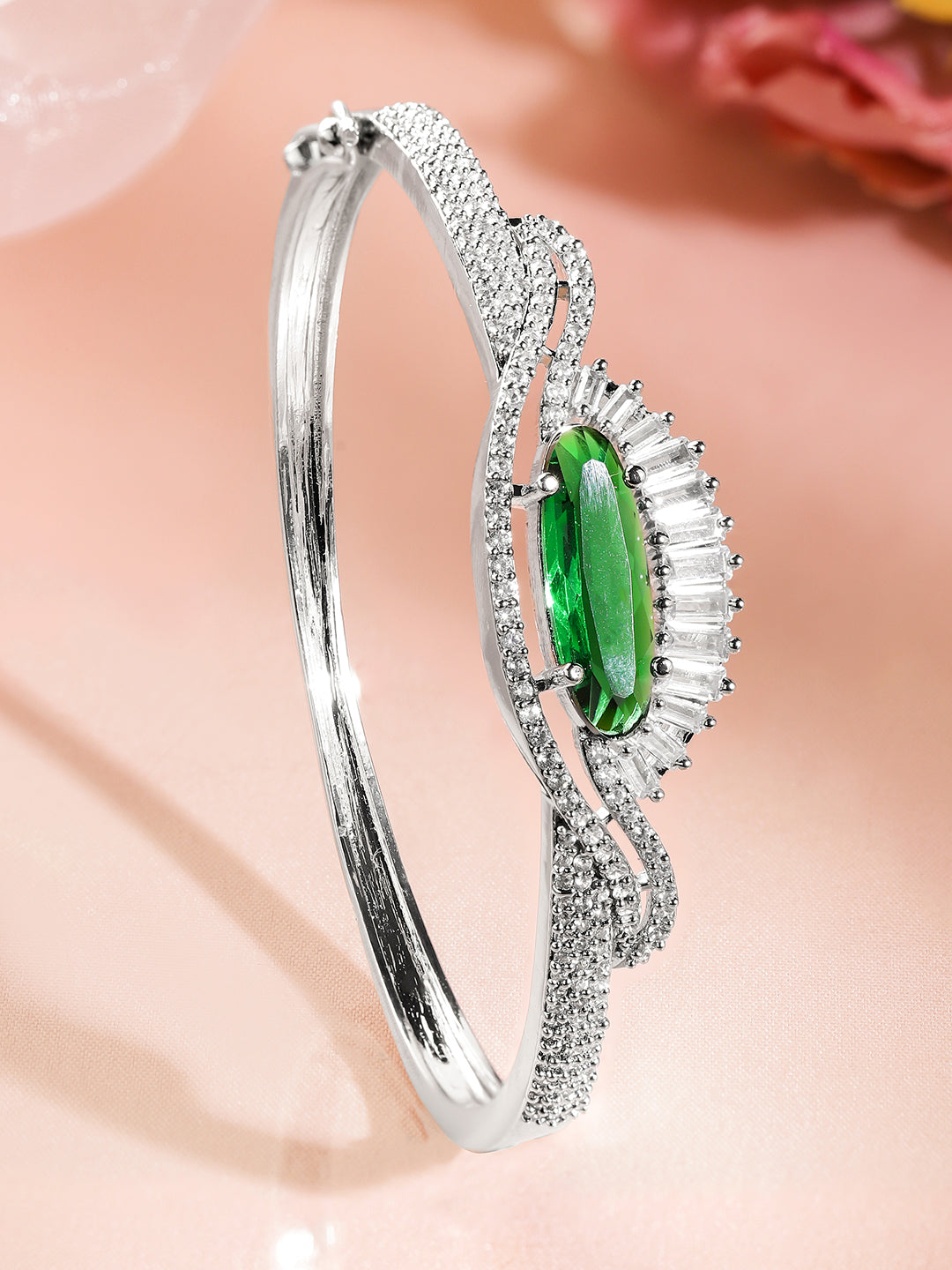 Wentra Rhodium-Plated Emerald Green & White Cubic Zirconia Studded Designer Bracelet