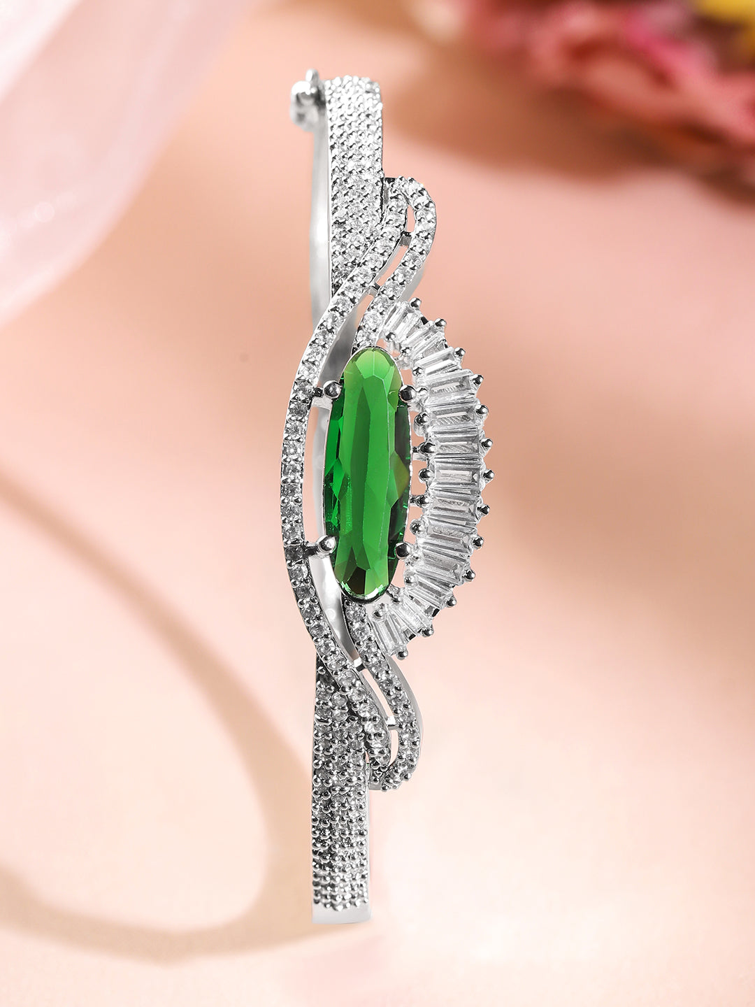 Wentra Rhodium-Plated Emerald Green & White Cubic Zirconia Studded Designer Bracelet