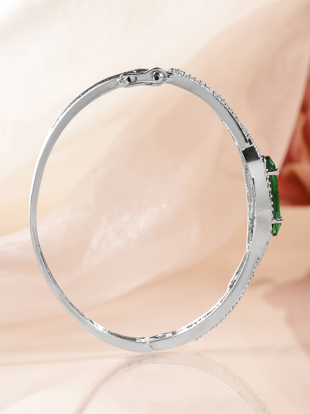 Wentra Rhodium-Plated Emerald Green & White Cubic Zirconia Studded Designer Bracelet