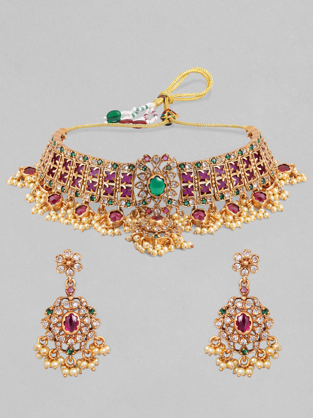Wentra Luxury 24K Gold Plated Handcrafted Ruby stone & Gold Pearls Studded Choker Set