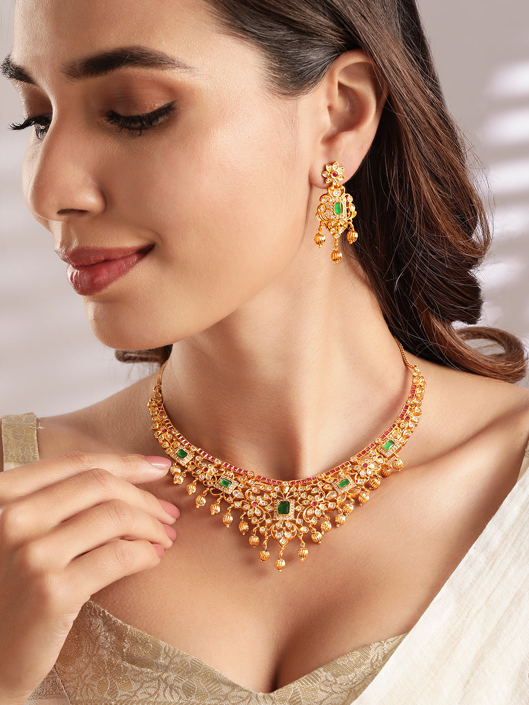 Wentra 22K Gold Plated Handcrafted Faux Ruby Stone with Gold Beads Traditional Necklace Set