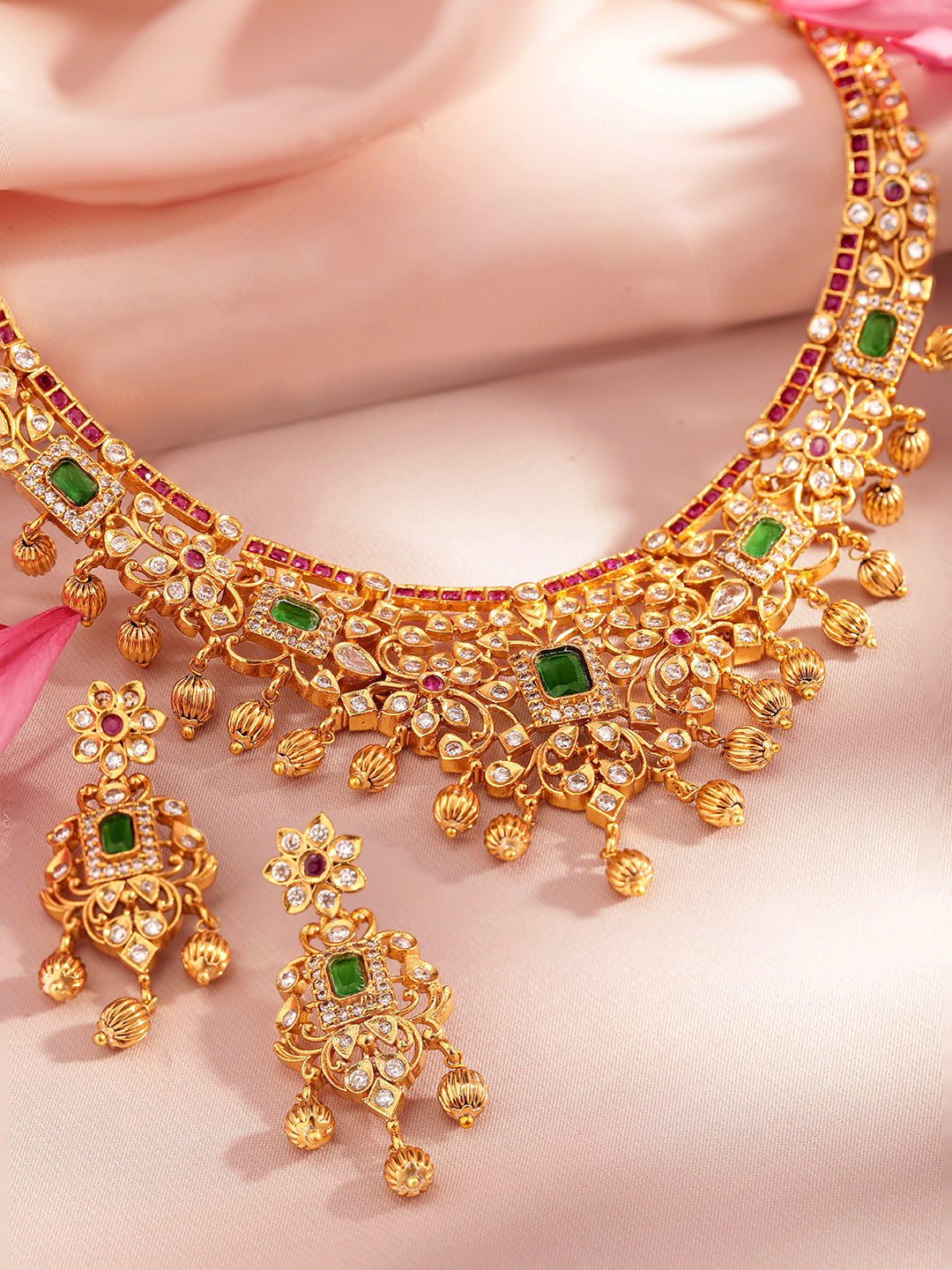 Wentra 22K Gold Plated Handcrafted Faux Ruby Stone with Gold Beads Traditional Necklace Set
