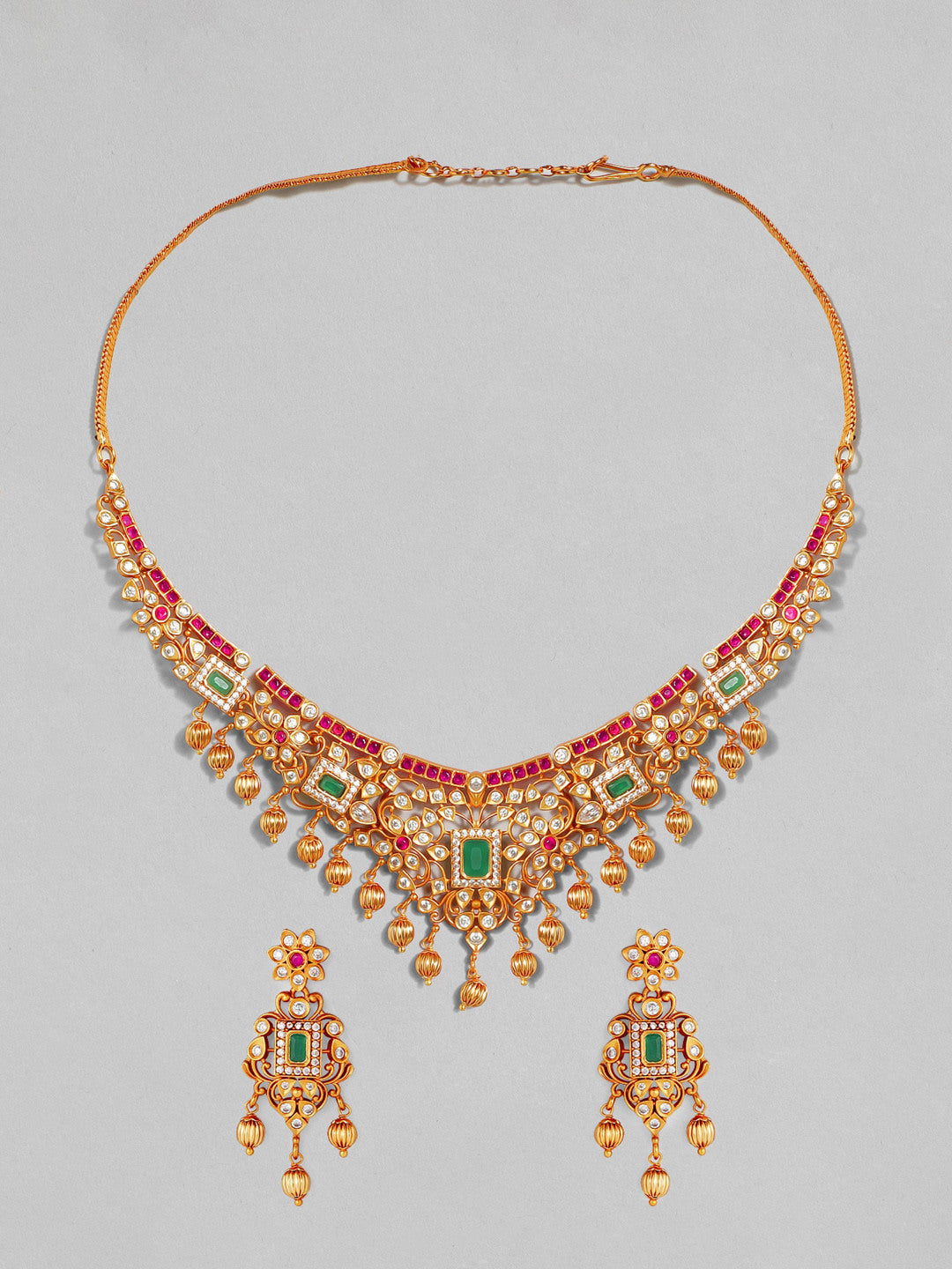 Wentra 22K Gold Plated Handcrafted Faux Ruby Stone with Gold Beads Traditional Necklace Set