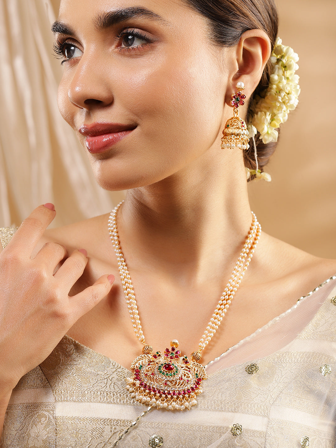 Wentra 24K Gold Plated Handcrafted Ruby Stone Temple Necklace Set