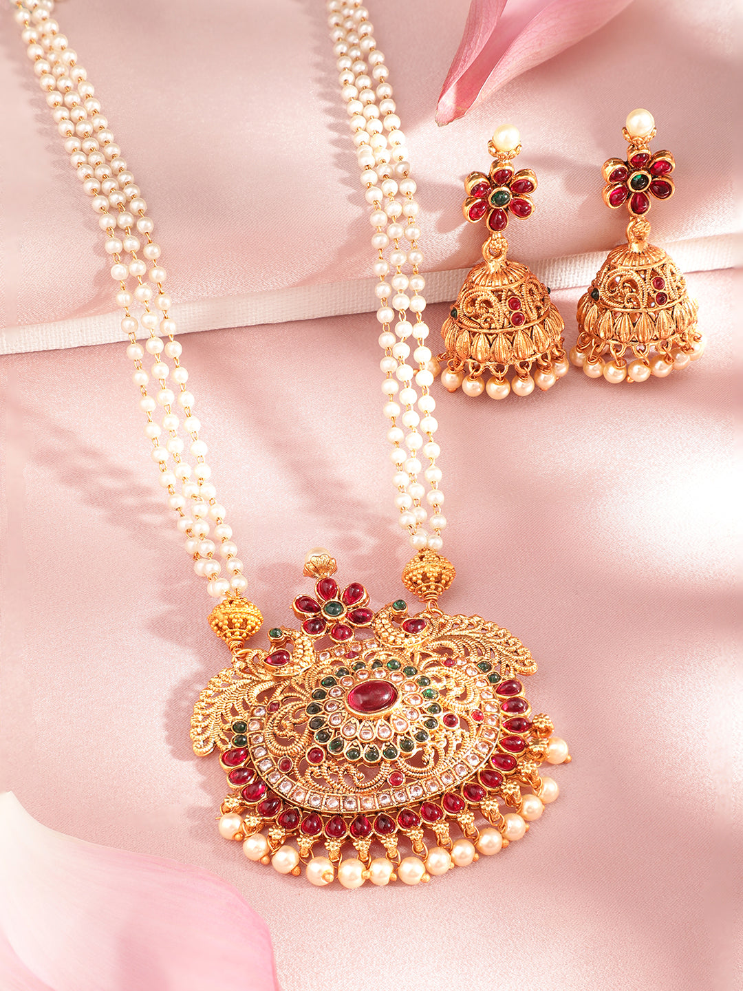 Wentra 24K Gold Plated Handcrafted Ruby Stone Temple Necklace Set