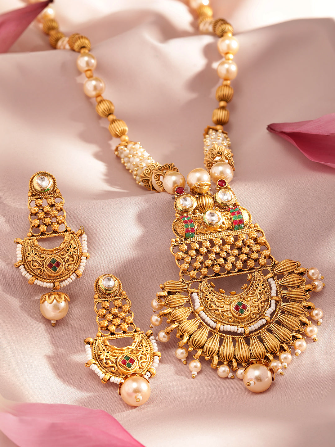 Wentra 22K Gold-Plated White, Red & Green Stone & Gold Pearl Beaded Handcrafted Jewellery Set