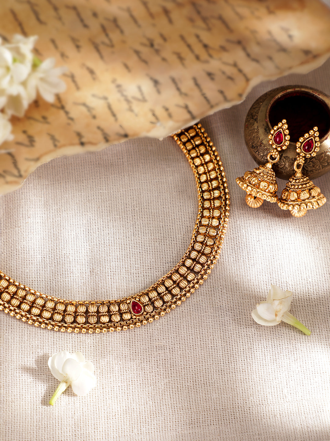 Wentra 22K Gold-Plated Ruby Pink & Kundan Studded Temple Necklace Set with Jhumka Earrings