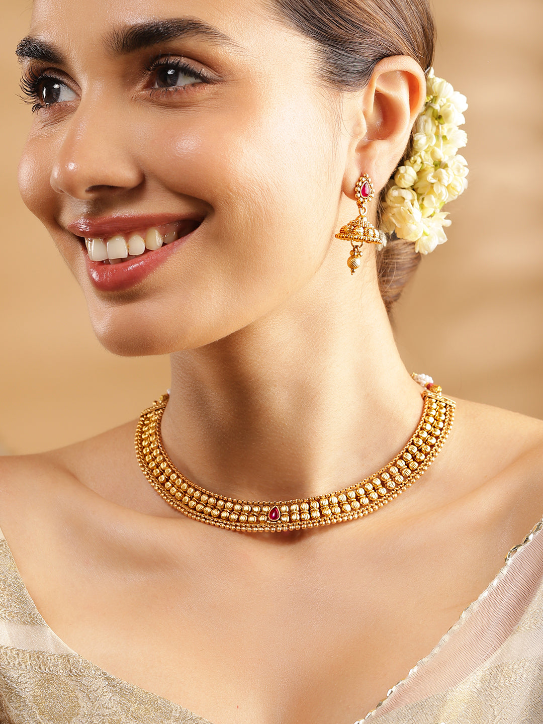 Wentra 22K Gold-Plated Ruby Pink & Kundan Studded Temple Necklace Set with Jhumka Earrings