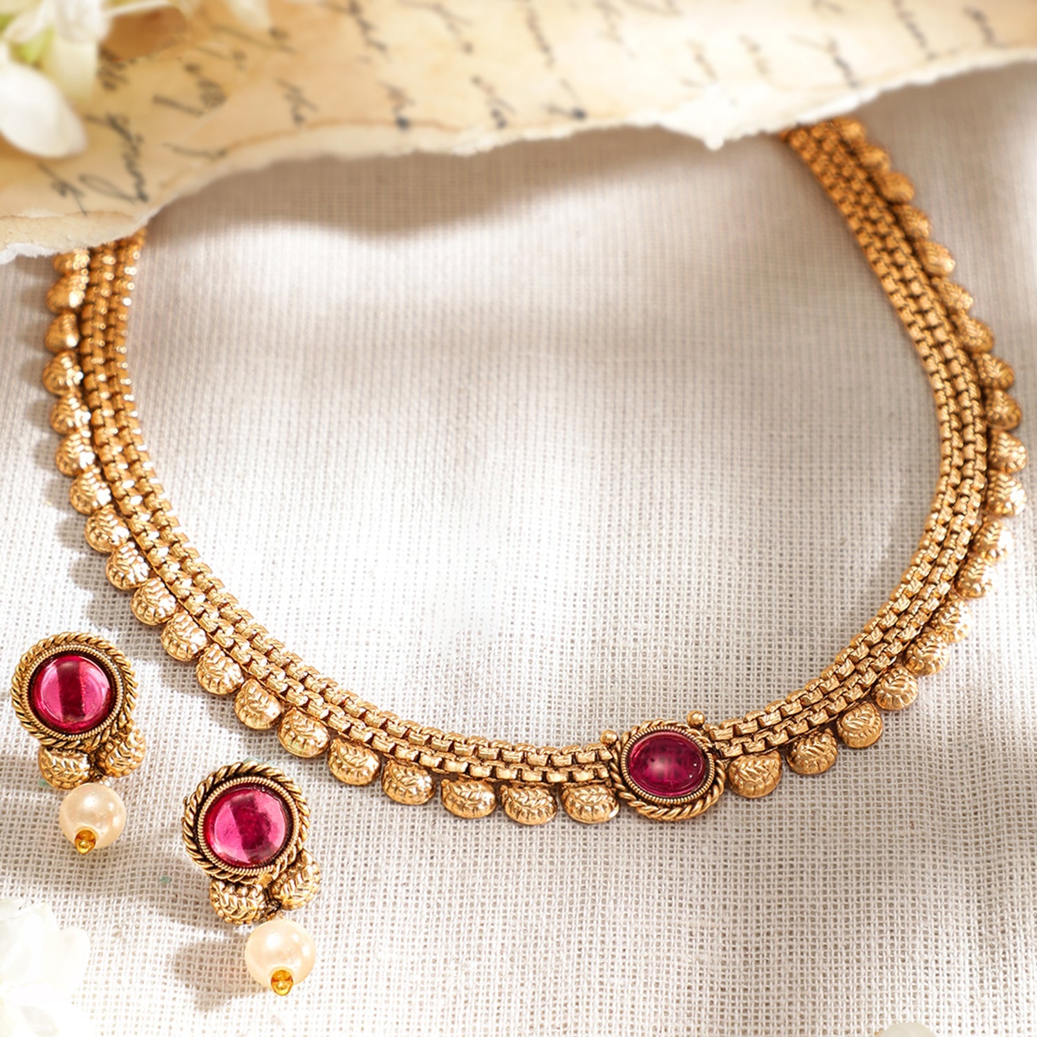 Wentra 18K Gold-Plated Ruby Studded & Pearl Drops Handcrafted Jewellery Set
