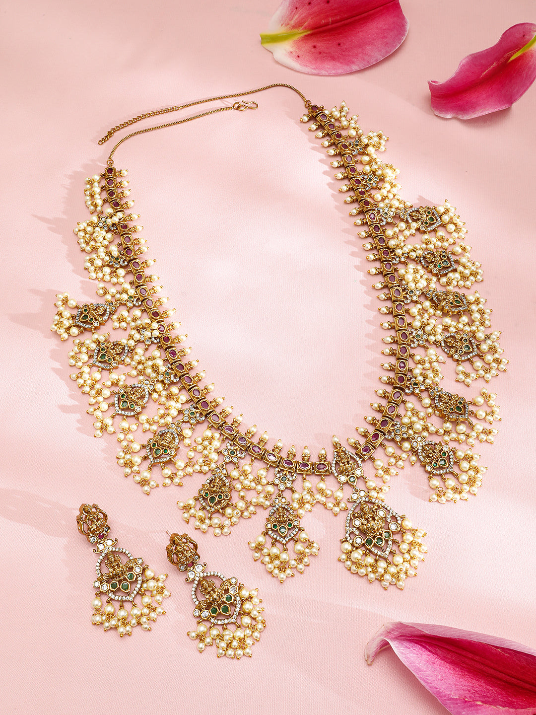 American Diamond Zirconia Studded Pearl Temple Necklace Set