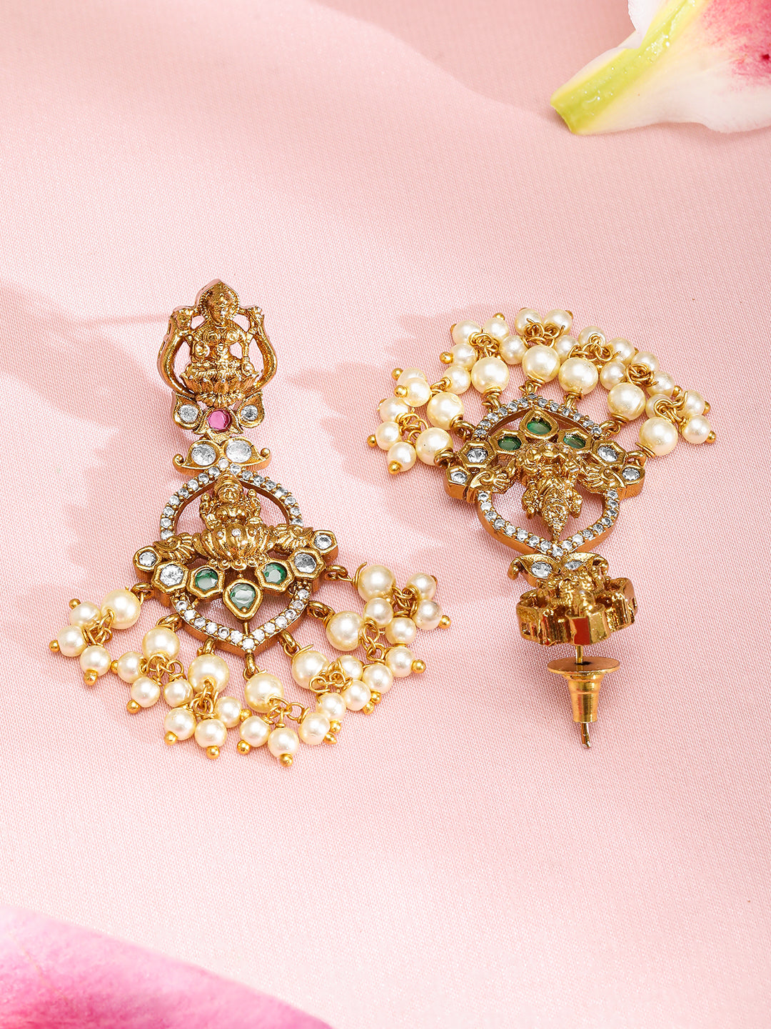 American Diamond Zirconia Studded Pearl Temple Necklace Set
