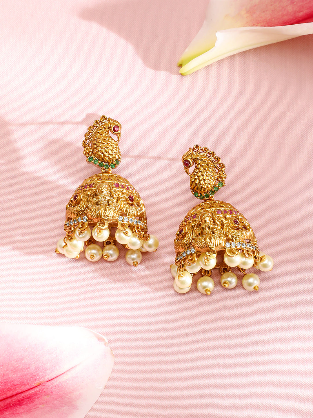 Pink & Green Laxmi Motif Golden Necklace Set