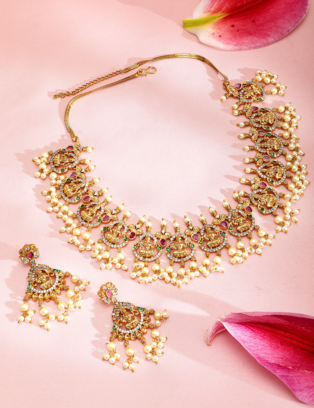 American Diamond Zirconia Pearl Drop Temple Necklace Set