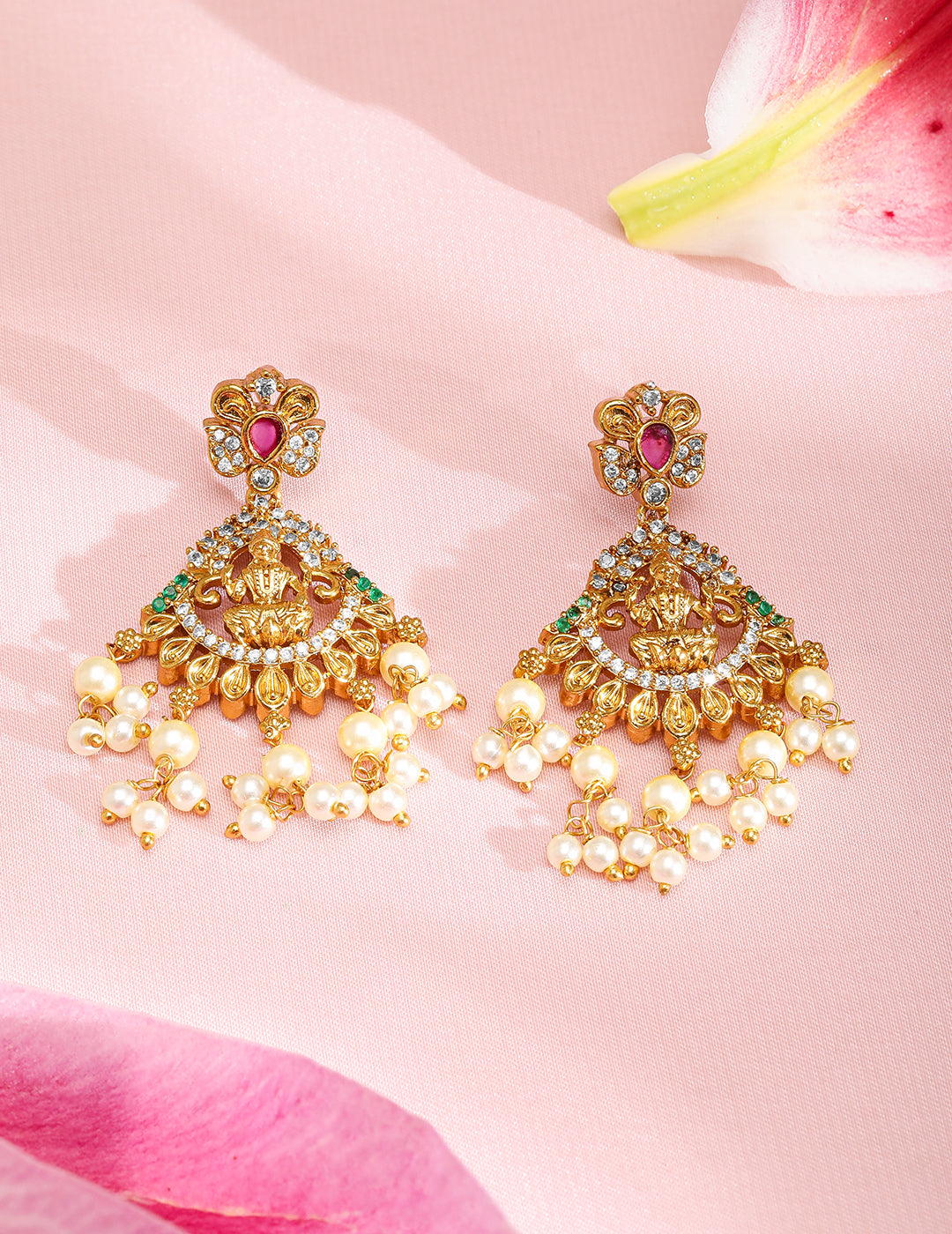 American Diamond Zirconia Pearl Drop Temple Necklace Set