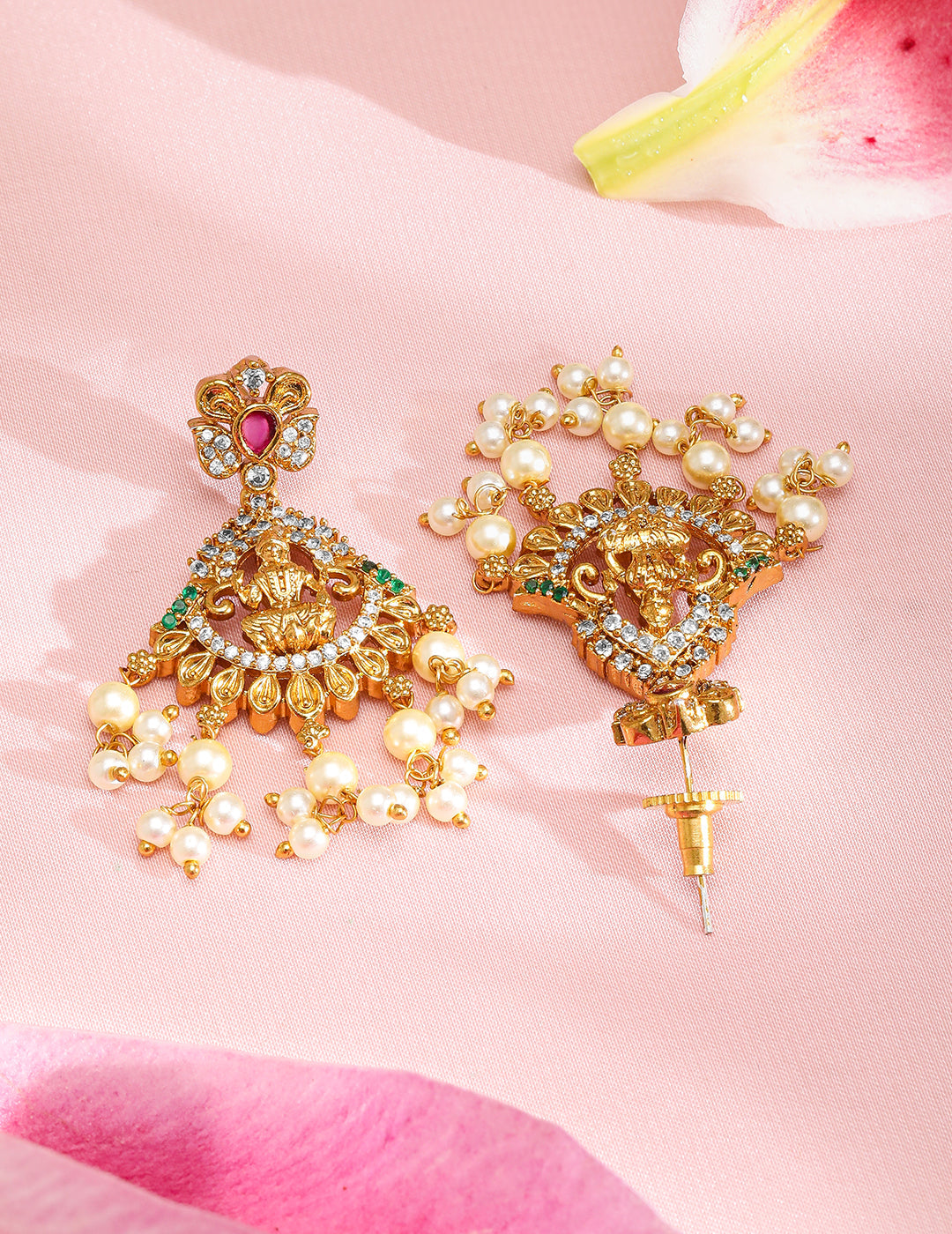 American Diamond Zirconia Pearl Drop Temple Necklace Set