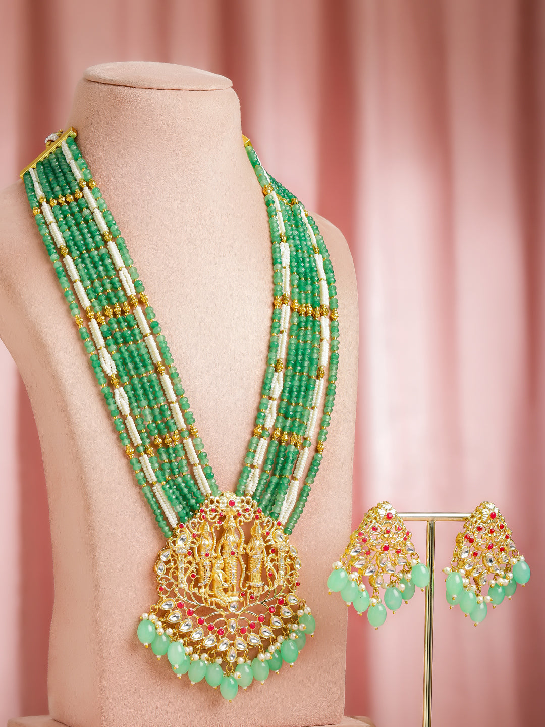 Temple Queen Lakshmi Green Necklace Set