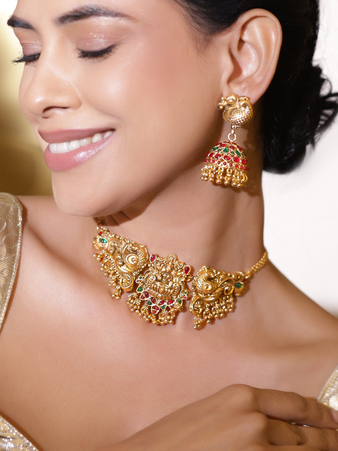 Peacock Motif Multicolor Gold Toned Choker Set